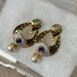 Gold Enamel Statement Earrings – Multicolor Kundan & Pearl Drops